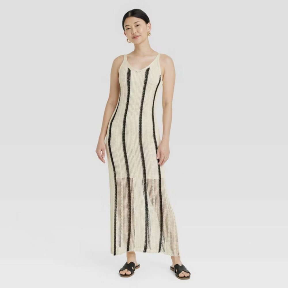 Women's Open Work Maxi Sundress - A New Day Cream/Black Striped S - Picture 4 of 4